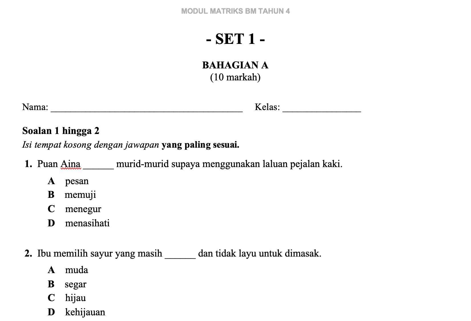 SOALAN UJIAN MATRIKS BAHASA MELAYU TAHUN 4 2