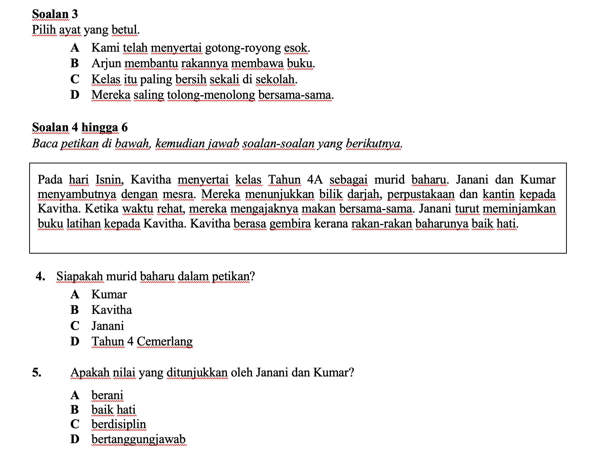 SOALAN UJIAN MATRIKS BAHASA MELAYU TAHUN 4 (SJKT) 2