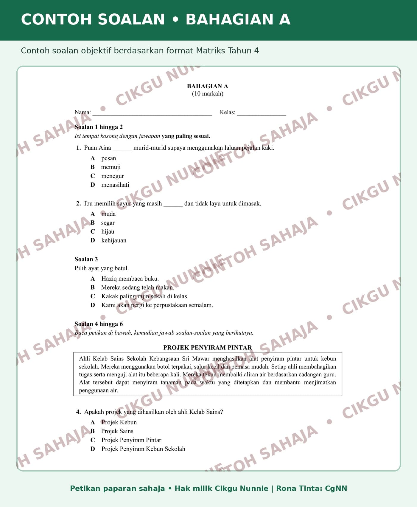 SOALAN UJIAN MATRIKS BAHASA MELAYU TAHUN 4 (sebahagian daripada bundle) 3